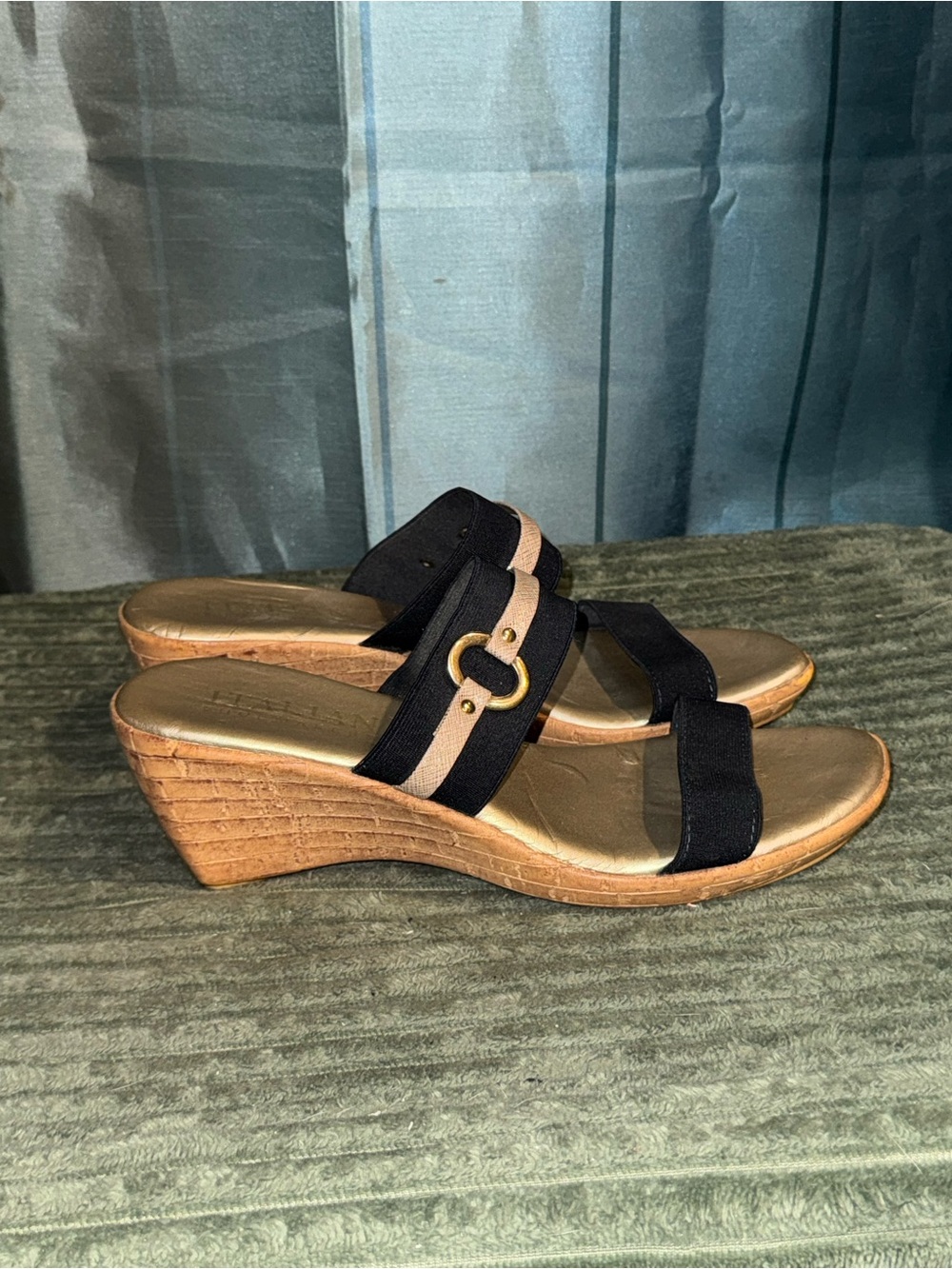 Italian Shoemakers Women's Black and Tan Wedge Slide Sandals